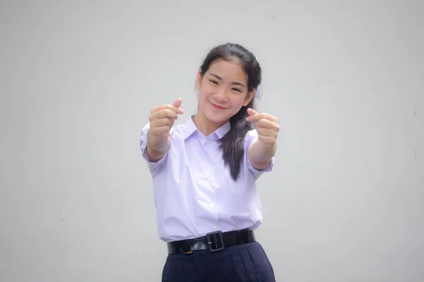 Retrato Tailandês Estudante Ensino Médio Uniforme Bela Menina Dar Coração — Fotografia de Stock