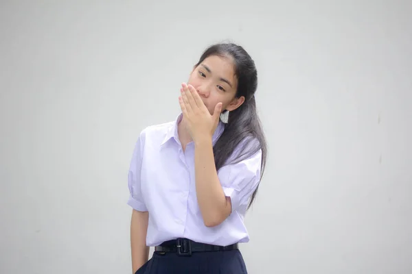 Πορτρέτο Του Thai Γυμνάσιο Στολή Μαθητή Όμορφο Κορίτσι Σιωπηλά — Φωτογραφία Αρχείου