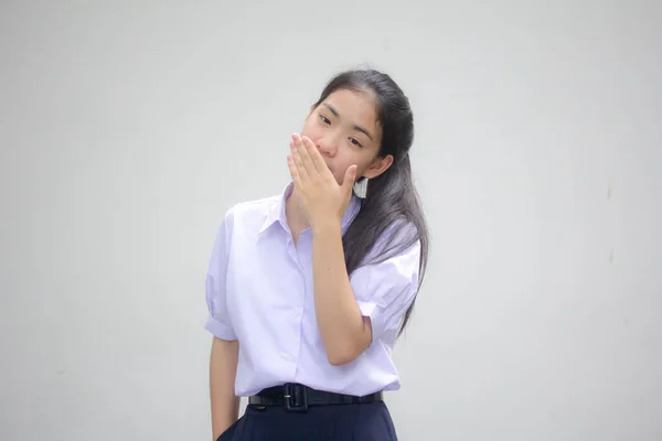 Retrato Tailandês Estudante Ensino Médio Uniforme Bela Menina Silenciosamente — Fotografia de Stock