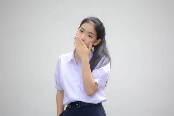 Retrato Tailandês Estudante Ensino Médio Uniforme Bela Menina Silenciosamente — Fotografia de Stock