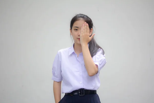 Retrato Tailandês Estudante Ensino Médio Uniforme Bela Menina Silenciosamente — Fotografia de Stock