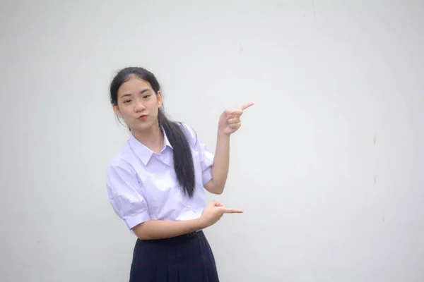 Retrato Tailandés Estudiante Secundaria Uniforme Hermosa Chica Mostrar Mano —  Fotos de Stock