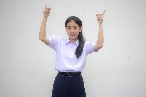 Retrato Tailandês Estudante Ensino Médio Uniforme Bela Menina Mostrar Mão — Fotografia de Stock