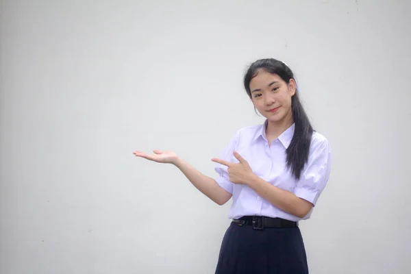 Retrato Tailandês Estudante Ensino Médio Uniforme Bela Menina Mostrar Mão — Fotografia de Stock