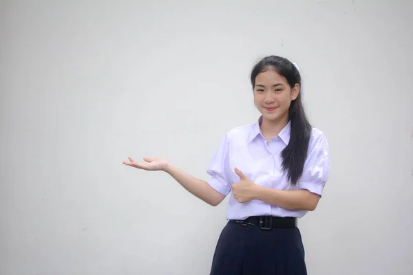 Retrato Tailandés Estudiante Secundaria Uniforme Hermosa Chica Mostrar Mano — Foto de Stock