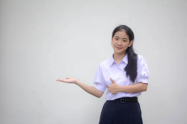 Retrato Tailandés Estudiante Secundaria Uniforme Hermosa Chica Mostrar Mano — Foto de Stock