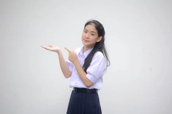 Retrato Tailandês Estudante Ensino Médio Uniforme Bela Menina Mostrar Mão — Fotografia de Stock