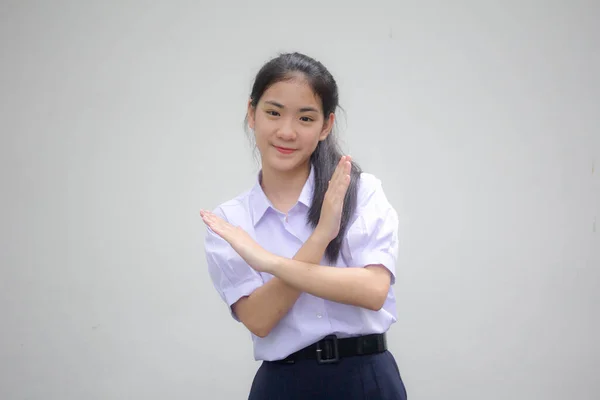 Portret Van Thaise Middelbare School Student Uniform Mooi Meisje Stoppen — Stockfoto