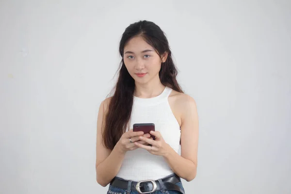 Retrato Tailandês China Adulto Linda Menina Branca Camisa Azul Jeans — Fotografia de Stock