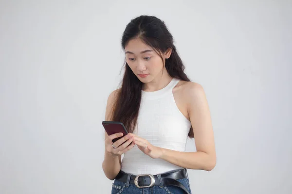 Portrait Thai China Adult Beautiful Girl White Shirt Blue Jeans — Stock Photo, Image