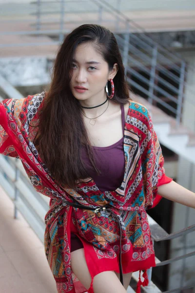 Portrait Thai China Adult Bohemian Girl Relax Smile — Stock Photo, Image