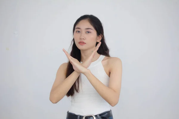 Portrait Von Thai China Erwachsene Schöne Mädchen Weißes Hemd Blue — Stockfoto