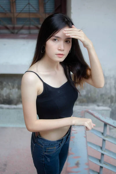 Portrait Thai China Adult Beautiful Girl Black Shirt Blue Jeans — Stock Photo, Image