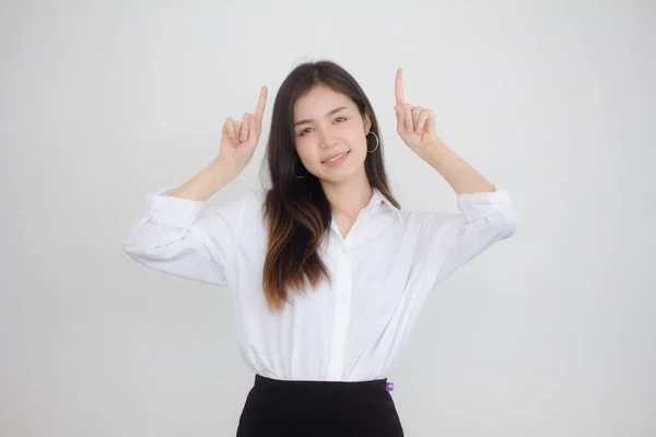 Portré Thai Felnőtt Diák Egyetemi Egyenruha Gyönyörű Lány Rámutatva — Stock Fotó