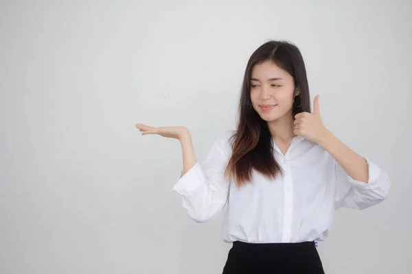 Retrato Tailandés Adulto Mujer Trabajadora Camisa Blanca Mostrar Mano —  Fotos de Stock