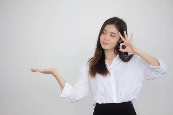 Retrato Tailandês Adulto Trabalhando Mulheres Branco Camisa Mostrar Mão — Fotografia de Stock