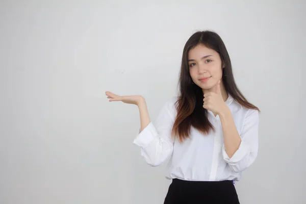 Portrait Thai Adult Working Women White Shirt Show Hand — Stock Photo, Image