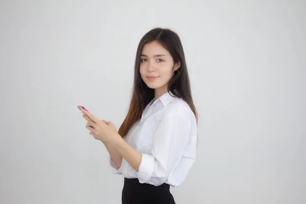 Ritratto Thai Cina Adulto Ufficio Ragazza Bianco Camicia Utilizzando Suo — Foto Stock