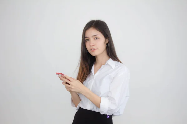 Retrato Tailandês China Adulto Escritório Menina Camisa Branca Usando Seu — Fotografia de Stock