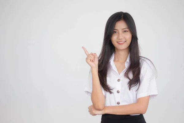 Retrato Tailandês Adulto Estudante Universidade Uniforme Bela Menina Apontando — Fotografia de Stock