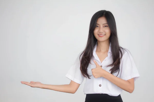 Portrait Thai Adult Student University Uniform Beautiful Girl Show Hand — Stock Photo, Image