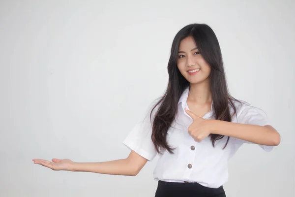 Retrato Tailandés Estudiante Adulto Universidad Uniforme Hermosa Chica Mostrar Mano —  Fotos de Stock