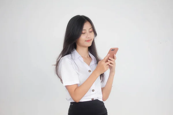 Porträt Der Thailändischen Erwachsenen Studentin Uniform Schöne Mädchen Mit Ihrem — Stockfoto