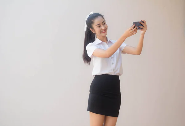 Portrait Thai Adult Student University Uniform Beautiful Girl Using Her — Stock Photo, Image