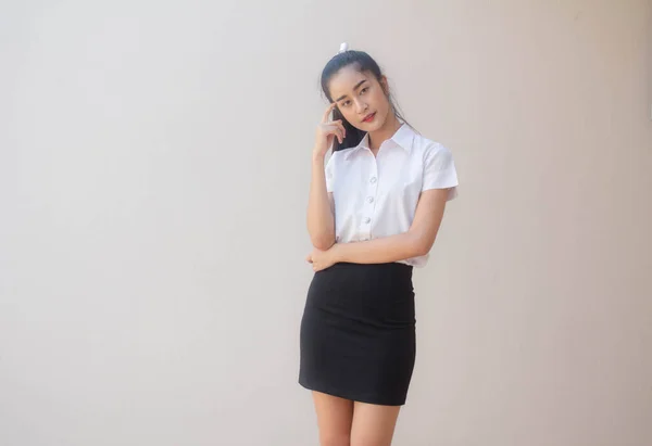 Portrait Thai Adult Student University Uniform Beautiful Girl Think — Stock Photo, Image