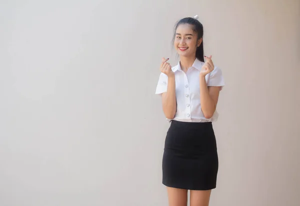 Portrait Thai Adult Student University Uniform Beautiful Girl Give Heart — Stock Photo, Image