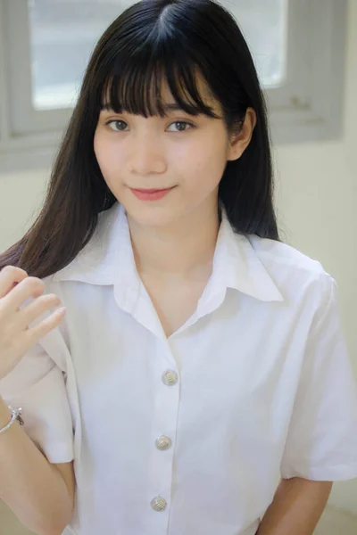 Portrait Thai Adult Student University Uniform Beautiful Girl Relax Smile — Stock Photo, Image