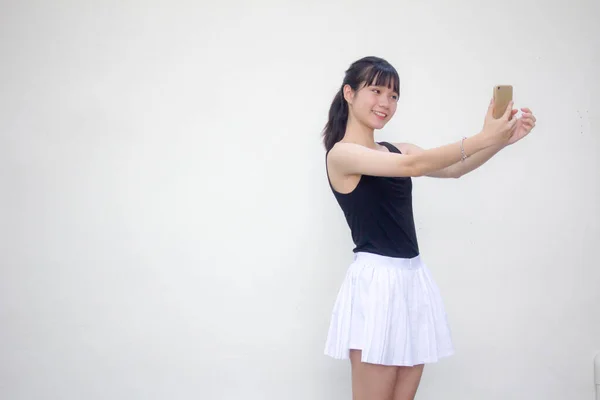 Portret Van Thai Volwassen Mooi Meisje Zwart Shirt Wit Rok — Stockfoto