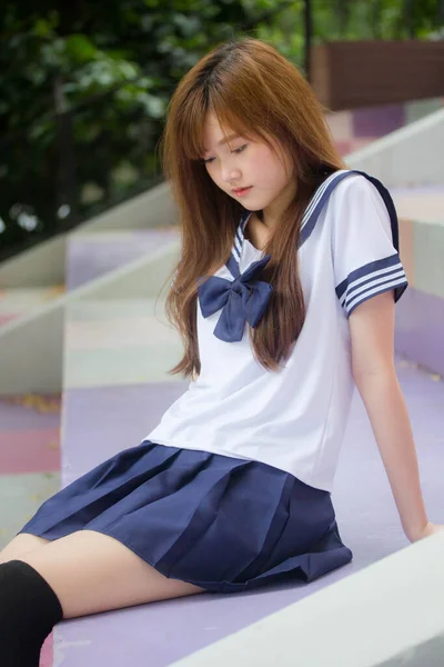 Portrait Thai Teen Beautiful Girl Japanese Student Uniform Happy Relax — Stock Photo, Image