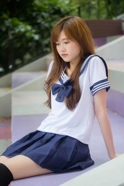 Portrait Thai Teen Beautiful Girl Japanese Student Uniform Happy Relax — Stock Photo, Image