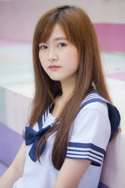 Portrait Thai Teen Beautiful Girl Japanese Student Uniform Happy Relax — Stock Photo, Image