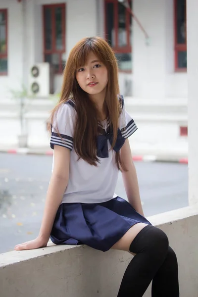 Porträt Von Thai Teen Hübsch Mädchen Japanisch Student Uniform Glücklich — Stockfoto