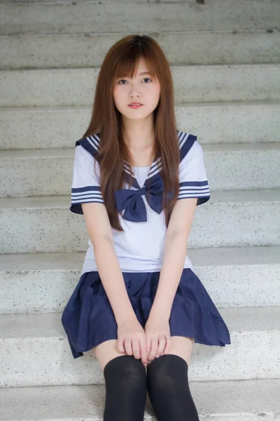 Porträtt Thai Tonåring Vacker Flicka Japansk Student Uniform Glad Och — Stockfoto