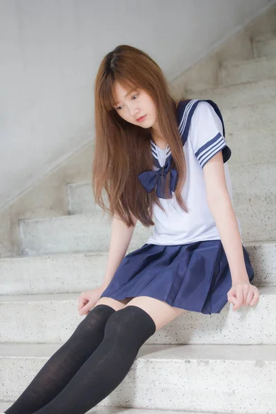 Porträt Von Thai Teen Hübsch Mädchen Japanisch Student Uniform Glücklich — Stockfoto