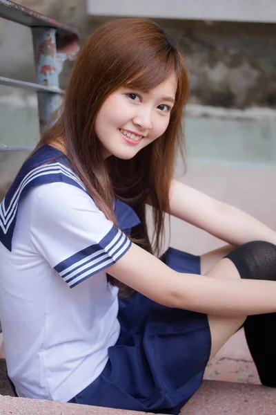 Portrait Thai Teen Beautiful Girl Japanese Student Uniform Happy Relax — Stok Foto