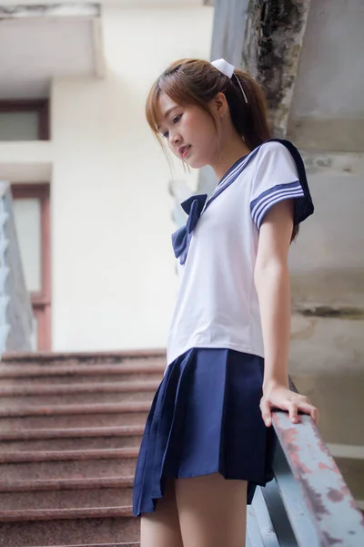 Portrait Thai Teen Beautiful Girl Japanese Student Uniform Happy Relax — Stok Foto