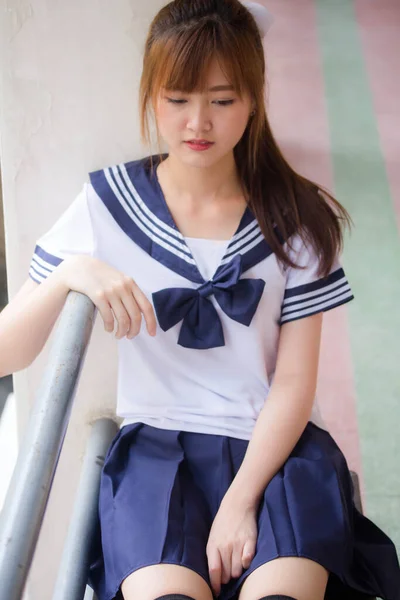 Portrait Thai Teen Beautiful Girl Japanese Student Uniform Happy Relax — Stock Photo, Image