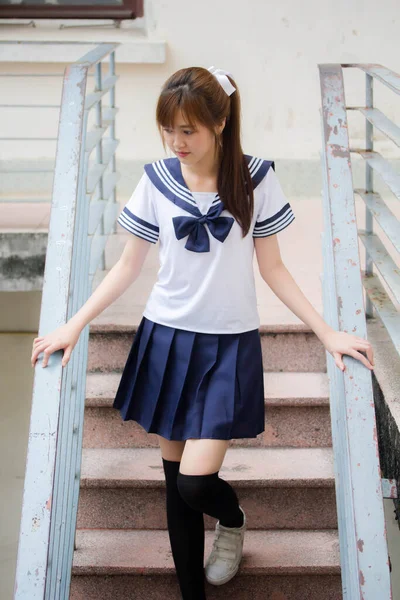 Portret Van Thai Tiener Mooi Meisje Japans Student Uniform Gelukkig — Stockfoto