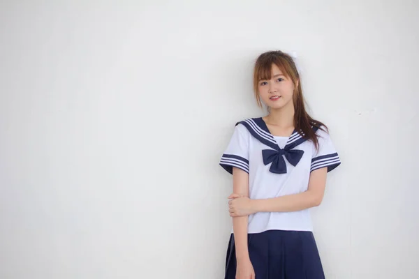 Porträt Von Thai Teen Hübsch Mädchen Japanisch Student Uniform Glücklich — Stockfoto