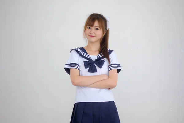 Portret Van Thai Tiener Mooi Meisje Japans Student Uniform Gelukkig — Stockfoto