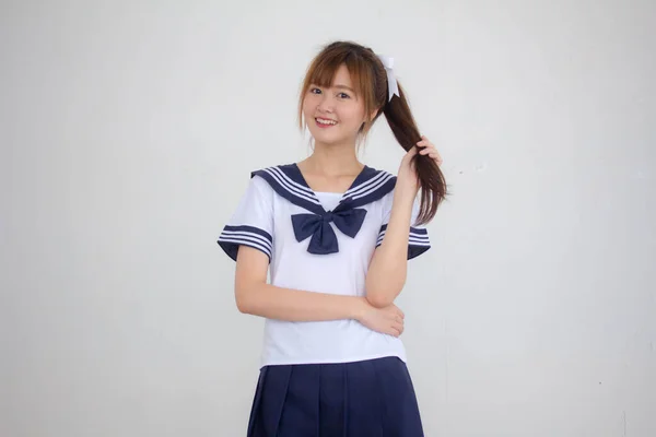 Porträt Von Thai Teen Hübsch Mädchen Japanisch Student Uniform Glücklich — Stockfoto