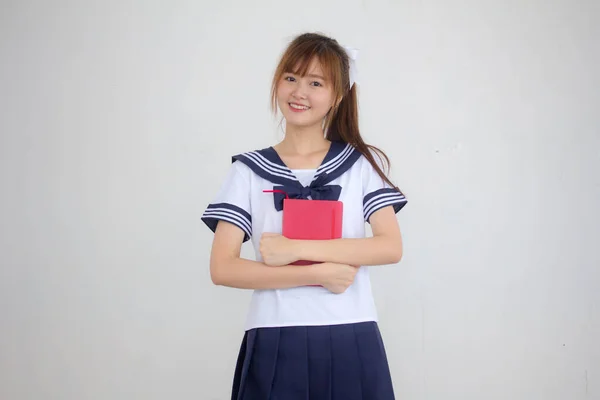 Asia Thai Tonåring Vacker Flicka Japansk Student Uniform Läsa Bok — Stockfoto