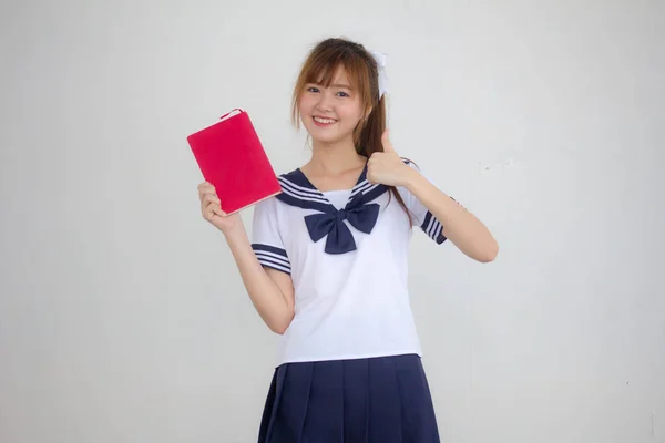 Ásia Tailandês Adolescente Bela Menina Japonês Estudante Uniforme Ler Livro — Fotografia de Stock