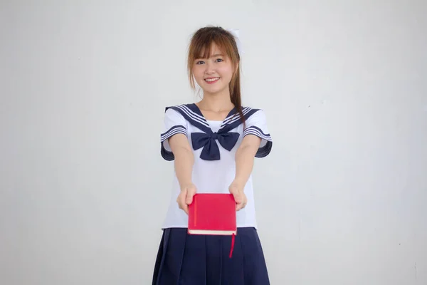Asia Tailandesa Adolescente Hermosa Chica Japonés Estudiante Uniforme Leer Libro — Foto de Stock