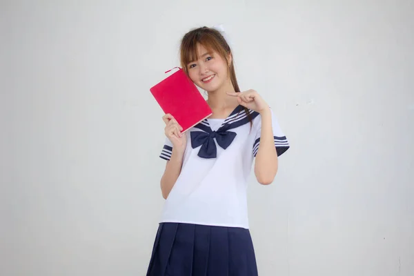 Asia Thai Teen Beautiful Girl Japanese Student Uniform Read Book — Stock Photo, Image