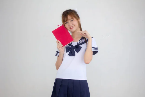 Asya Taylandlı Genç Japon Öğrenci Üniformalı Güzel Kız Bir Kitap — Stok fotoğraf
